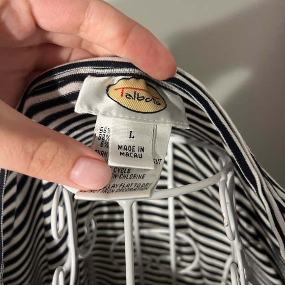 Talbots Black And White Stripe 3/4 Sleeve Jewel Button Front Scoop Neck Size L - Picture 3 of 5